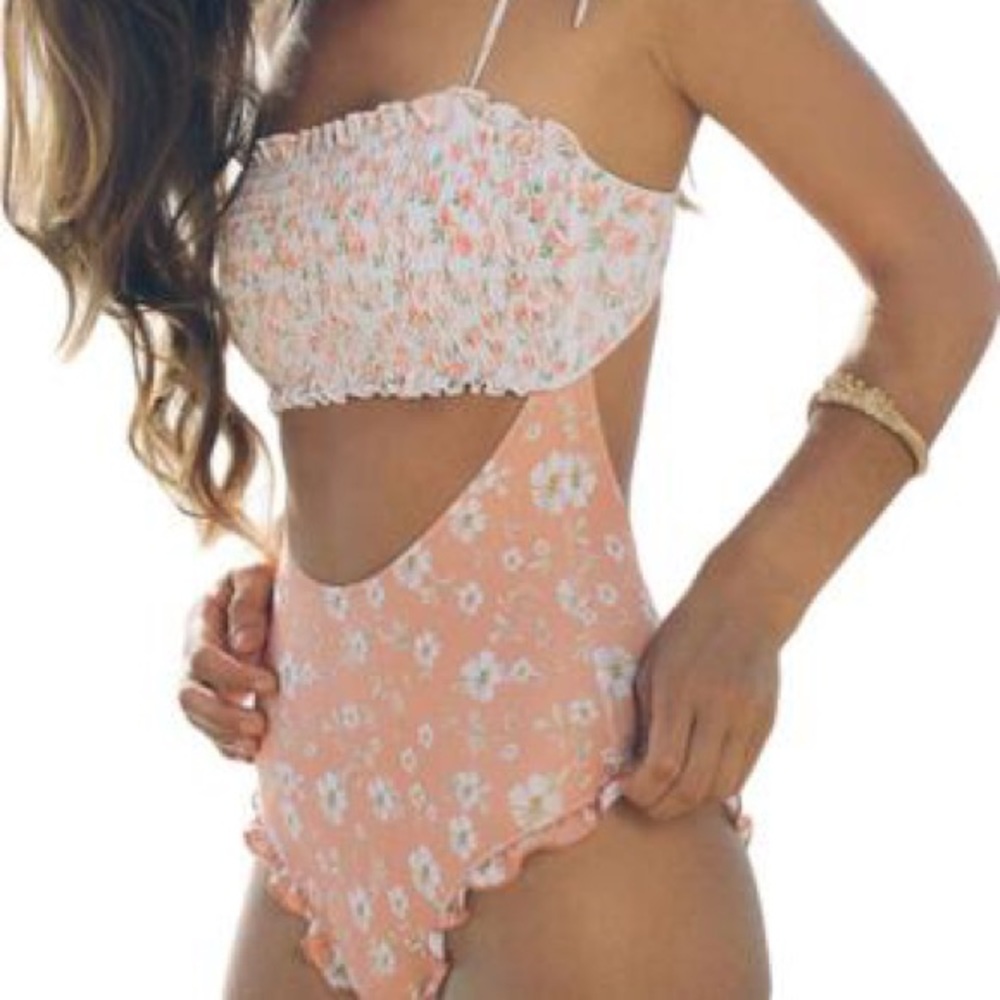 NWT White Pink Floral Smocked One Piece Swimsuit Tie Shoulder Boho Size S/M/L